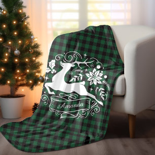 Christmas reindeer green baffalo plaid monogram Fleece Blanket