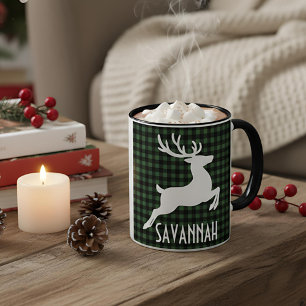 Christmas Reindeer Green & Black Plaid Custom Name Mug