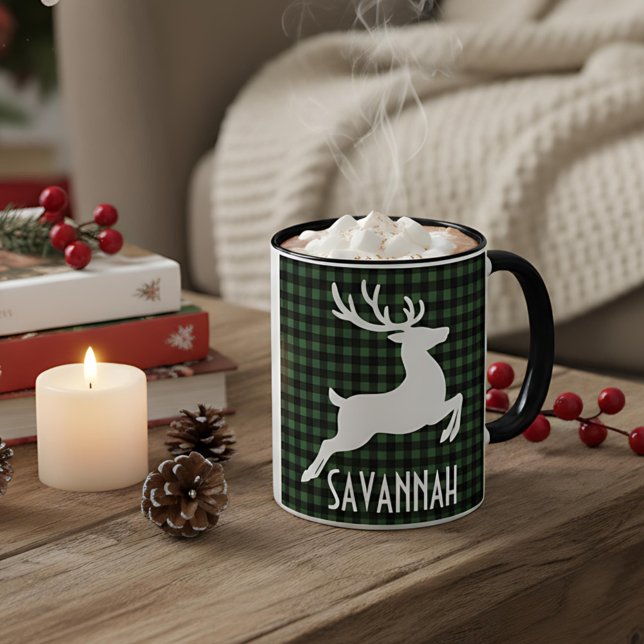 Christmas Reindeer Green & Black Plaid Custom Name Mug (Creator Uploaded)