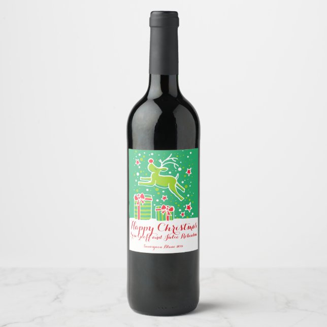 Christmas reindeer green red custom wine labels (Front)