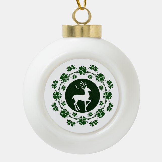 Christmas Reindeer Green Wreath Ceramic Ball Christmas Ornament (Front)