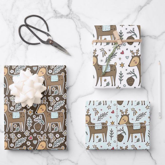 Christmas Reindeer Holiday Pattern Wrapping Paper Sheet (Front)