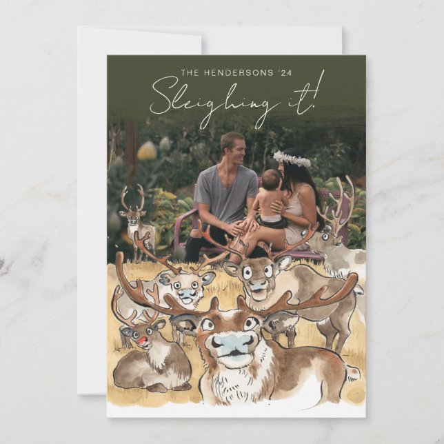 Christmas Reindeer holiday photocard Forest Green Card (Front)