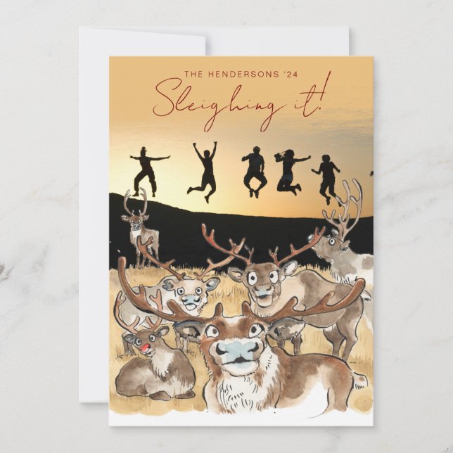 Christmas Reindeer holiday photocard golden yellow (Front)