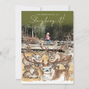 Christmas Reindeer holiday photocard Olive Green Card