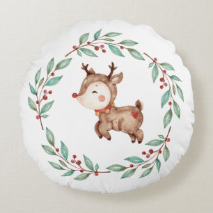 Christmas Reindeer Holiday Wreath Round Cushion