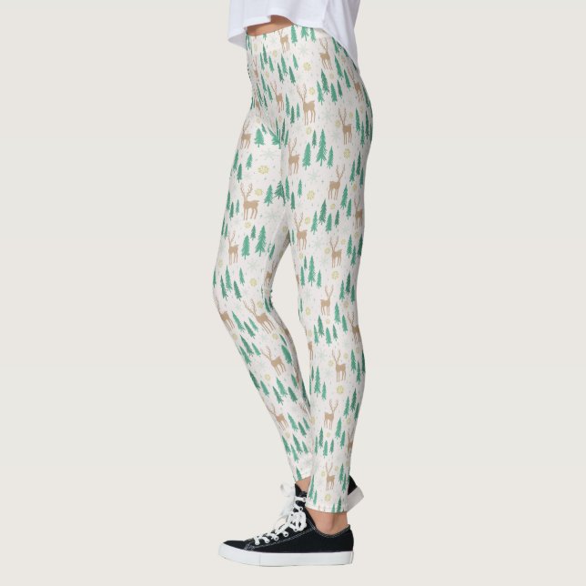 Christmas Reindeer in the Evergreen Winter Forest Leggings (Left)