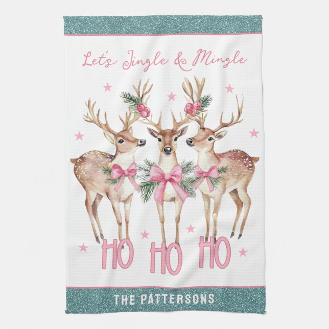Christmas Reindeer Jingle & Mingle Personalised Tea Towel (Vertical)