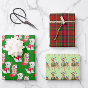 Christmas Reindeer Kitten, Dog and Green Red Plaid Wrapping Paper Sheet