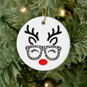 Christmas Reindeer Leopard Glasses Holiday Ceramic Ornament