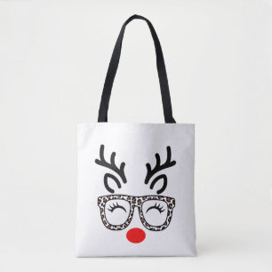 Christmas Reindeer Leopard Glasses Holiday Tote Bag