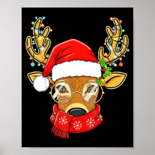 Christmas Reindeer Lights Gles Santa Hat Deer Xmas Poster