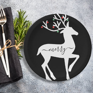 Christmas Reindeer Merry Black Paper Plate