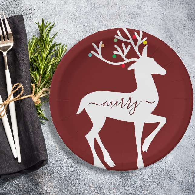 Christmas Reindeer Merry Burgundy Paper Plate (Christmas Reindeer Merry Burgundy Paper Plates)