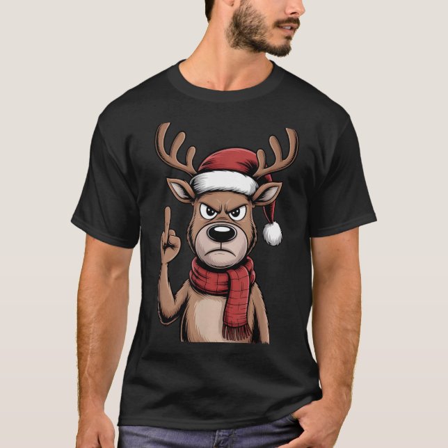 Christmas Reindeer Middle Finger Sarcastic Xmas Fu T-Shirt (Front)