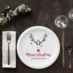 Christmas reindeer modern white red paper plate