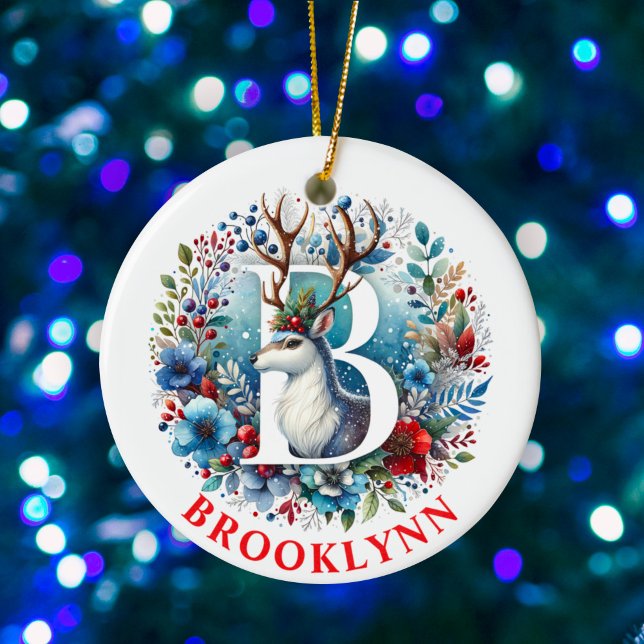 Christmas Reindeer Monogram Letter B Custom Name Ceramic Ornament (Creator Uploaded)