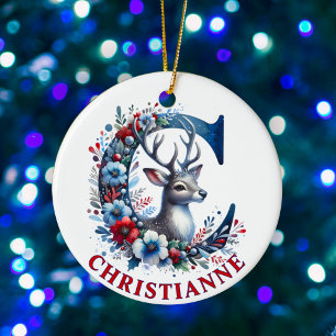 Christmas Reindeer Monogram Letter C Custom Name Ceramic Ornament