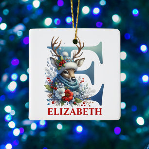 Christmas Reindeer Monogram Letter E Custom Name Ceramic Ornament