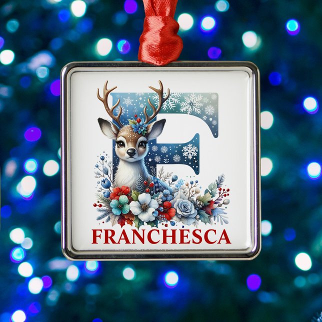 Christmas Reindeer Monogram Letter F Custom Name Metal Ornament (Creator Uploaded)