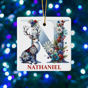 Christmas Reindeer Monogram Letter N Custom Name Ceramic Ornament