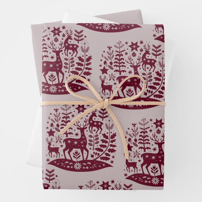 Christmas Reindeer Nordic Folk Art Scandinavian Wrapping Paper Sheet (In situ)