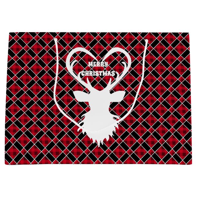 Christmas reindeer on black & red chequered large gift bag (Front)