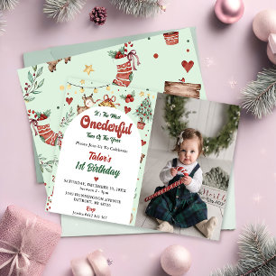 Christmas Reindeer Onederful 1st Birthday Photo Invitation