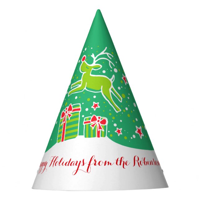 Christmas reindeer over gifts green personalised party hat (Front)
