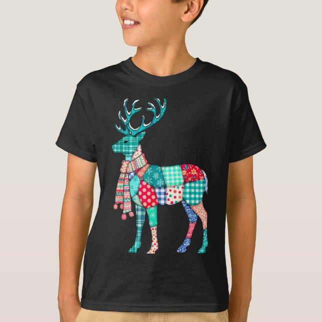 Christmas Reindeer Patchwork Reindeer Men Women Ki T-Shirt (Front)