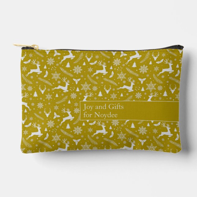 Christmas Reindeer Pattern Yellow with Text Accessory Pouch (Front)