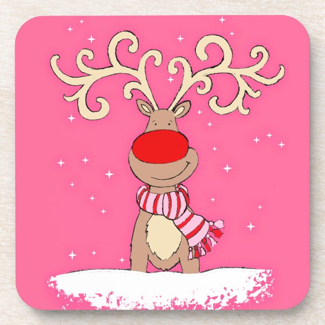 Christmas reindeer pink set of 6 coasters (Front)