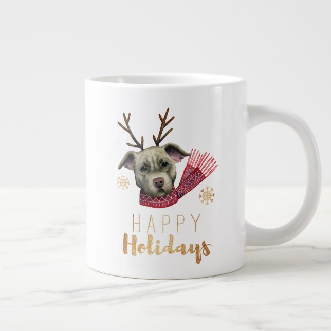 Christmas Reindeer Pit Bull Dog | Happy Holidays Large Coffee Mug (Right)