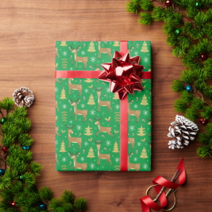 Christmas Reindeer Playing Under Xmas Trees Green Wrapping Paper