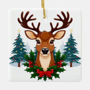 Christmas Reindeer Portrait With Holly Wreath Ceramic Ornament