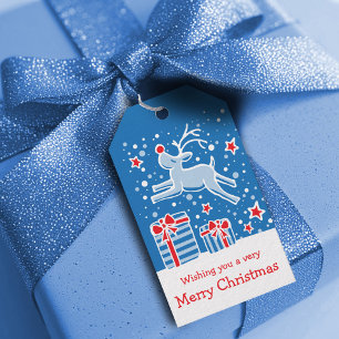 Christmas reindeer prancing over gifts blue tags