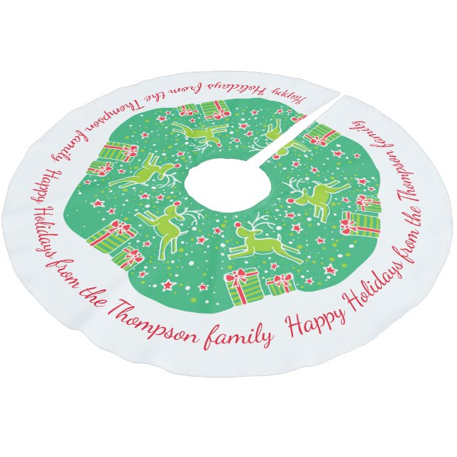 Christmas reindeer prancing over gifts tree skirt (Angled)