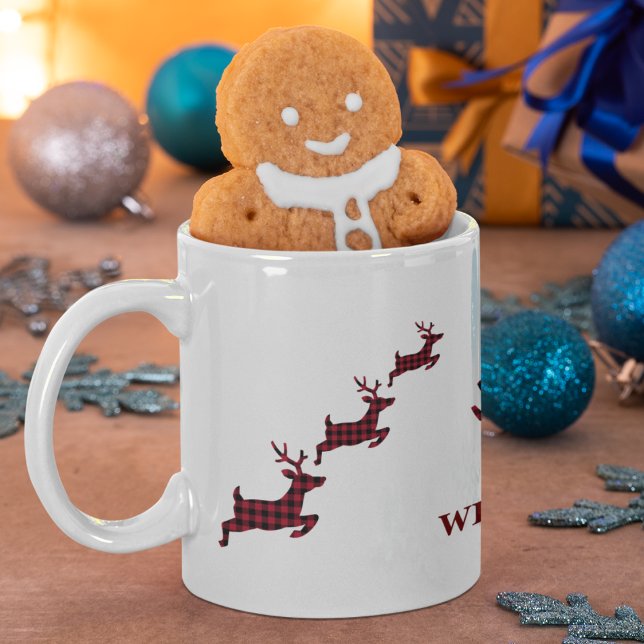 Christmas Reindeer Red Black Buffalo Plaid Check  Mug (Reindeer Festive Mug)
