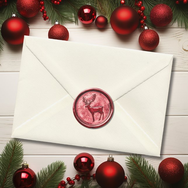 Christmas Reindeer Red Faux Wax Classic Round Sticker (Christmas Reindeer Red Faux Wax Classic Round Sticker)