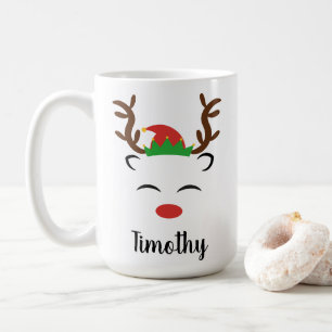 Christmas Reindeer red nose elf hat personalised Coffee Mug