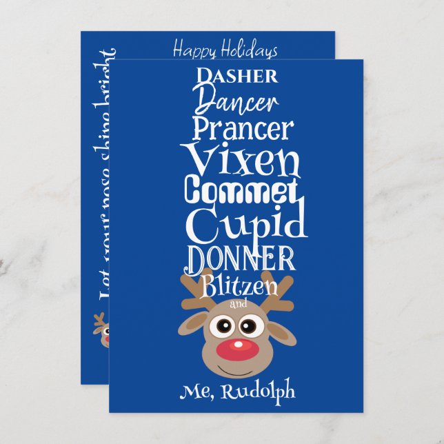 Christmas Reindeer Rudolph Fun Cute Blue Holiday Card (Front/Back)