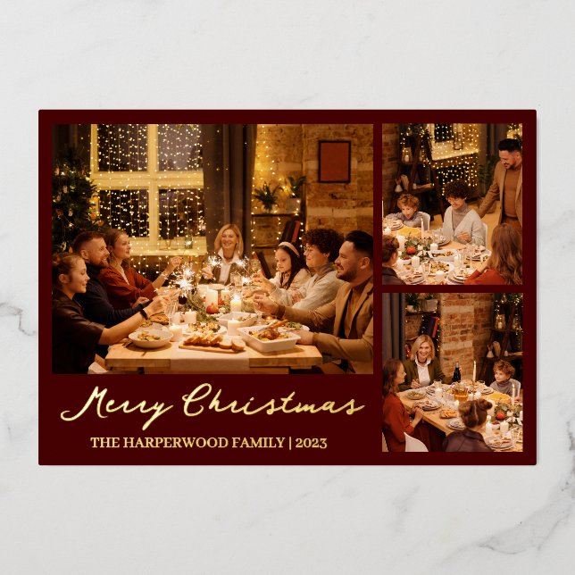  Christmas Reindeer Script Family Photo Collage Foil Holiday Card (Front)