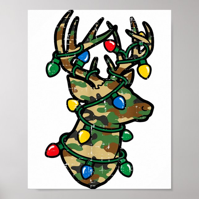 Christmas Reindeer Silhouette Camo Xmas Lights Men Poster (Front)