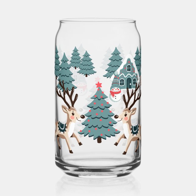 Christmas reindeer & snowman among tree can glass (Back)