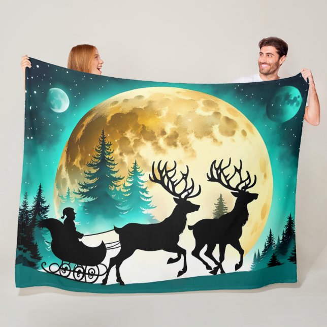 Christmas Reindeer Take Flight Full moon  Fleece Blanket (In Situ)