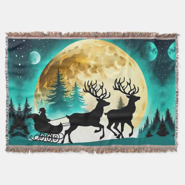 Christmas Reindeer Take Flight Full moon  Throw Blanket (Front)