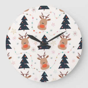 Christmas Reindeer Tree Hand Drawn Large Clock