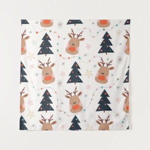 Christmas Reindeer Tree Hand Drawn Tapestry