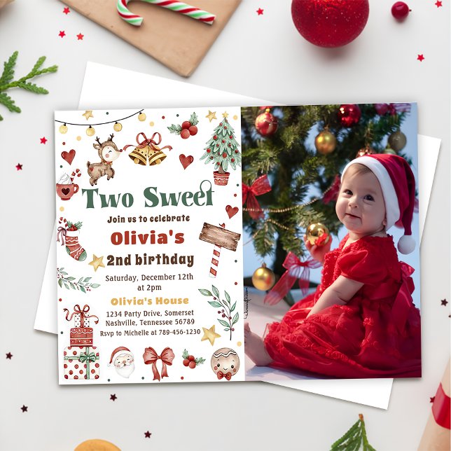 Christmas Reindeer Two Sweet 2nd Birthday Photo Invitation (Creator Uploaded)