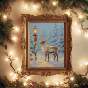 Christmas Reindeer Under the Lamp Light Poster